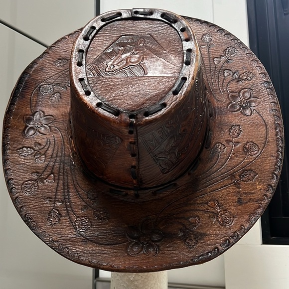 Vintage Leather Hand Tooled Hand Made Leather Western Gaucho Hat Sz 7 1/2 main image 6